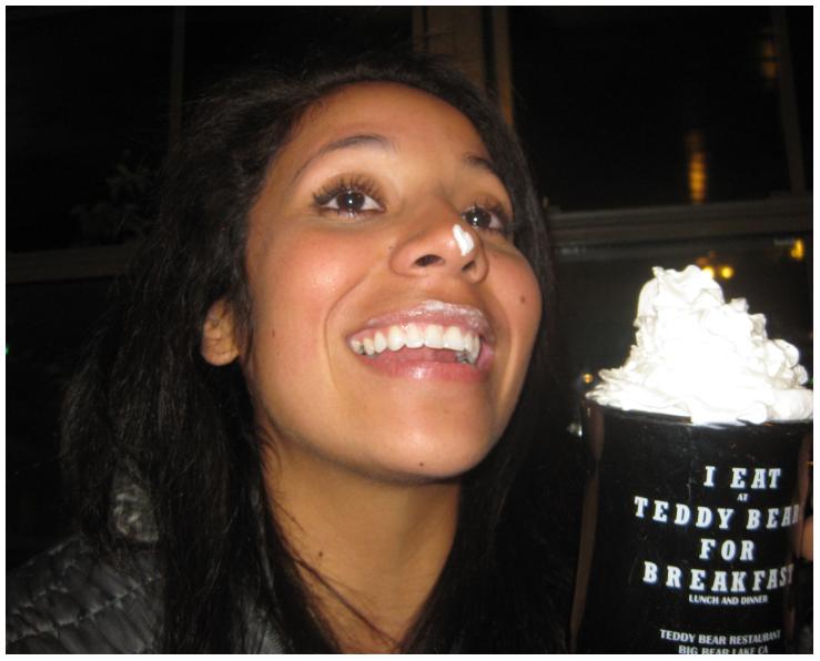 Rocio having a drink at the Teddy Bear restaurant. 